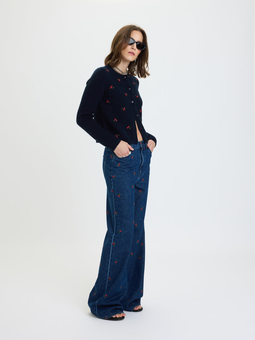 Embroidered fitted cardigan, dark navy knit with scattered cherry motifs