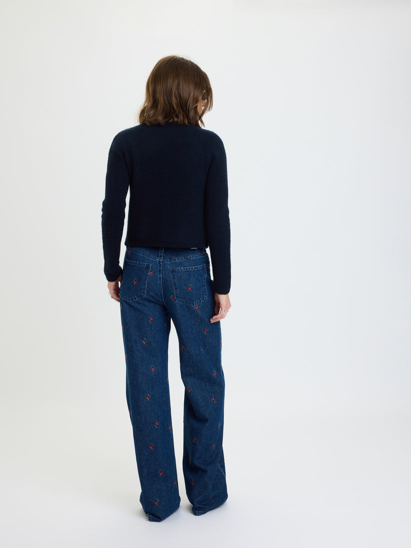 Embroidered fitted cardigan, dark navy knit with cherry embroidery on back