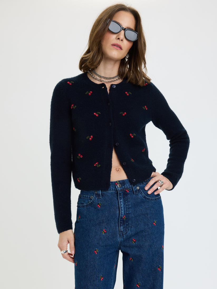 Embroidered fitted cardigan, dark navy knit with red cherry buttons