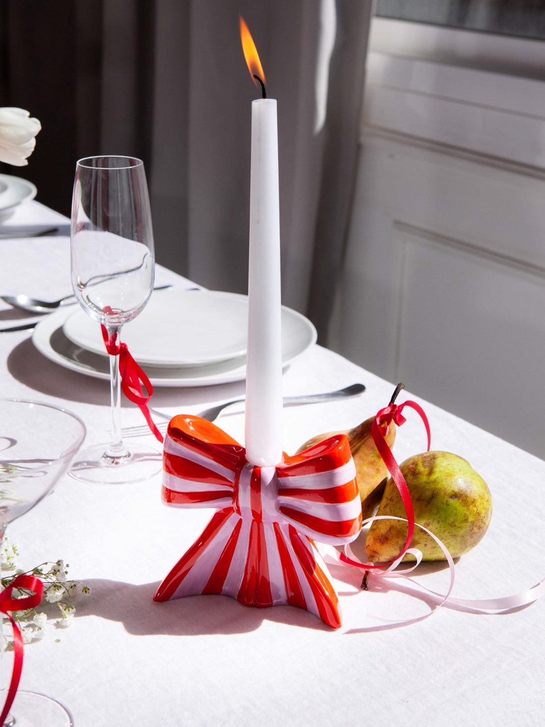 Striped Bow Large Candle Holder