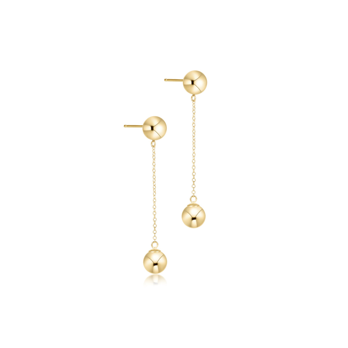 Gold drop earrings with spherical studs, fine chain links, and polished ball charms