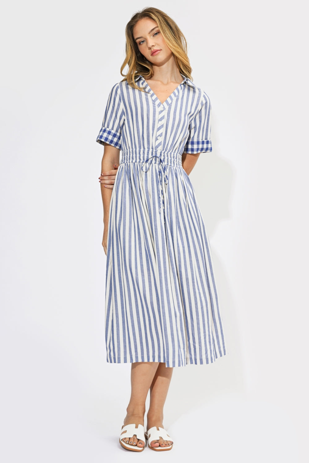 Evette Striped Short Sleeved Midi Dress