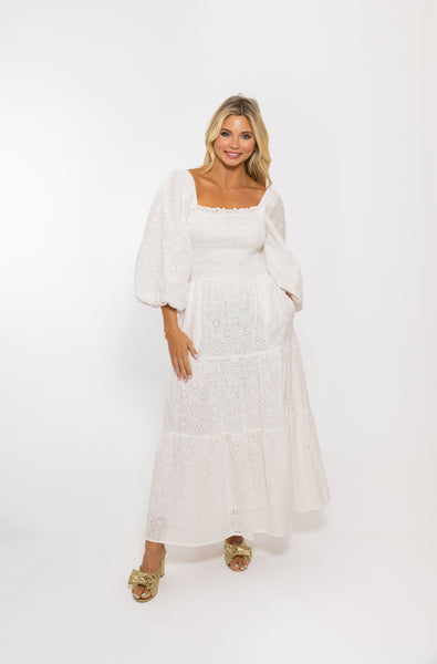 Dreamy Days Eyelet Smocked Tier Maxi Dress