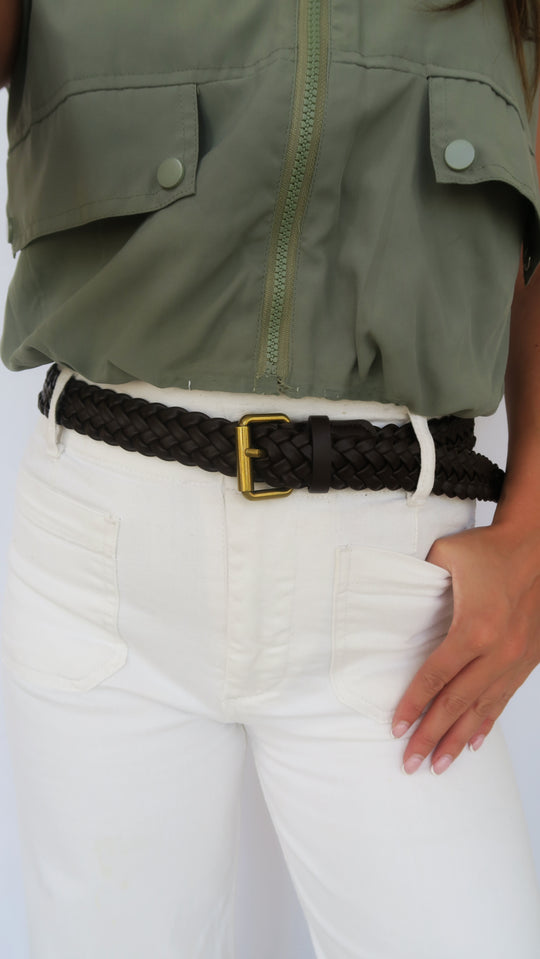 Braided belt with black woven rope texture and gold-tone rectangular buckle
