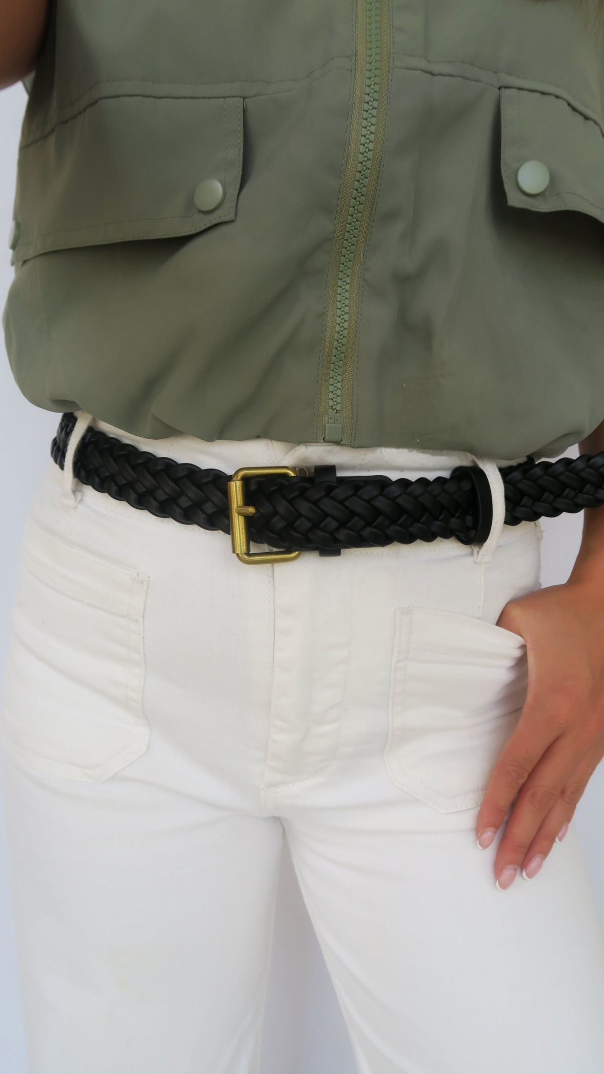 Braided belt with black woven rope texture and gold-tone rectangular buckle