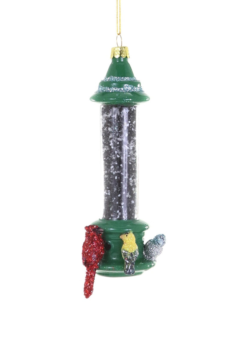 Hanging bird feeder ornament with green roof, silver glitter body, two colored birds