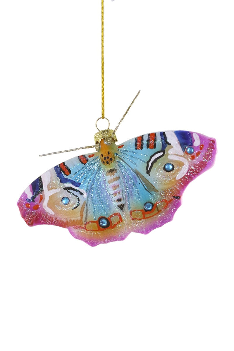 Gossamer moth ornament, multicolor glitter hanging on gold string