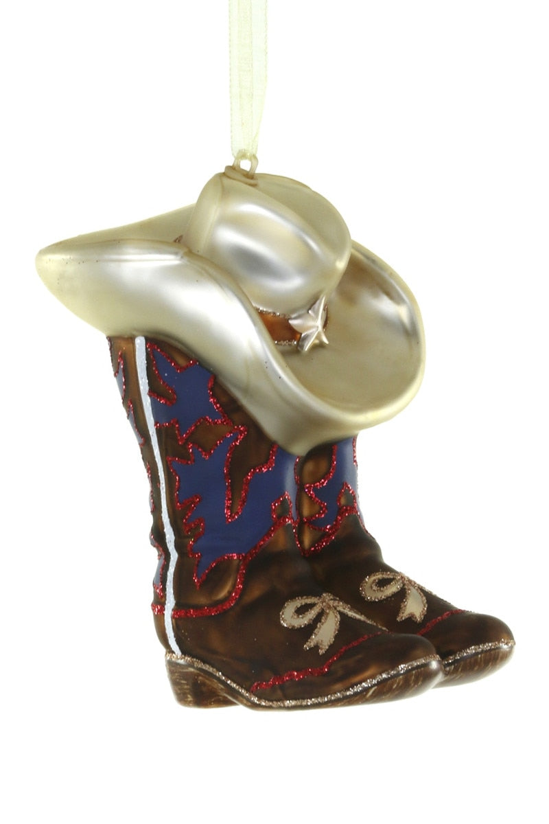 Cowboy hat and boot glass Christmas ornament, multicolor western design