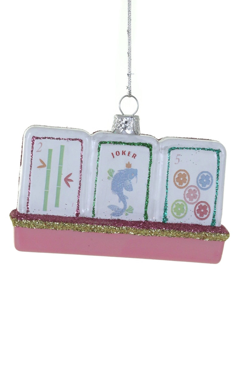 Mahjong tile ornament with three hanging tiles and pink glitter base, silver hook.