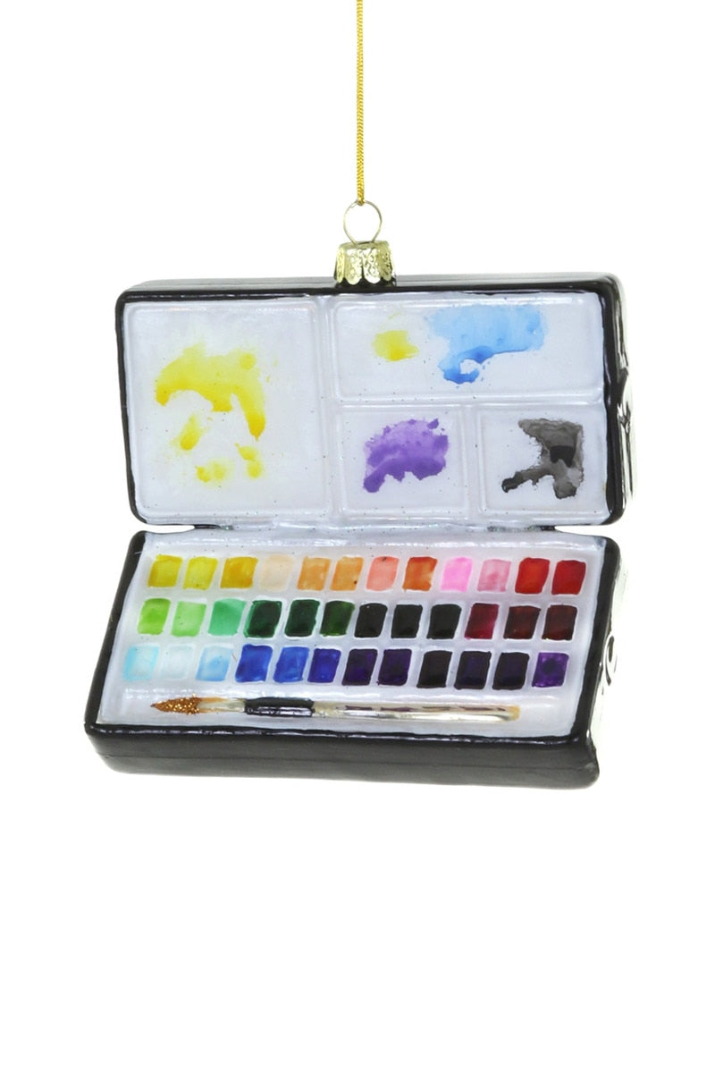 Watercolor set ornament, open palette with mixed paint color pans, hanging on gold string