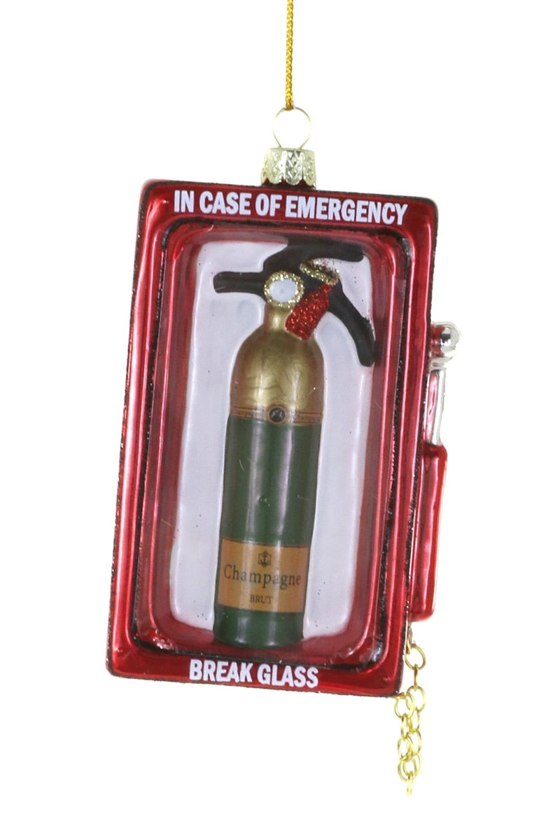 Emergency champagne bottle ornament, red frame, break-glass text, hanging gold chain