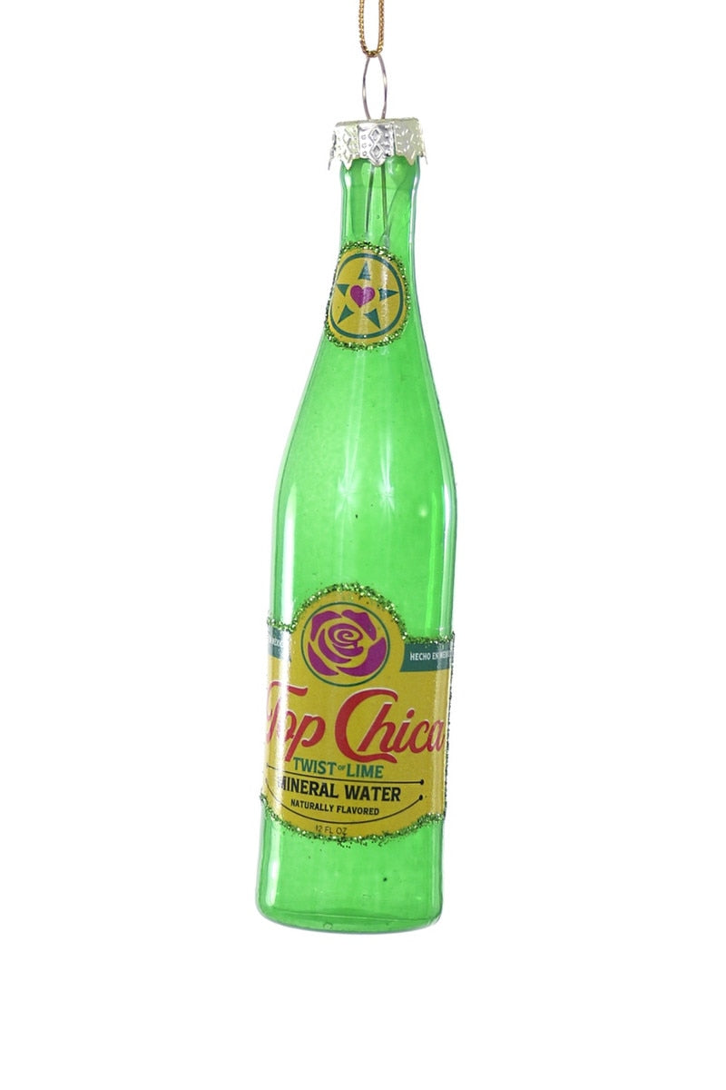 Green glass bottle ornament with hanging loop, glitter cap, and decorative label