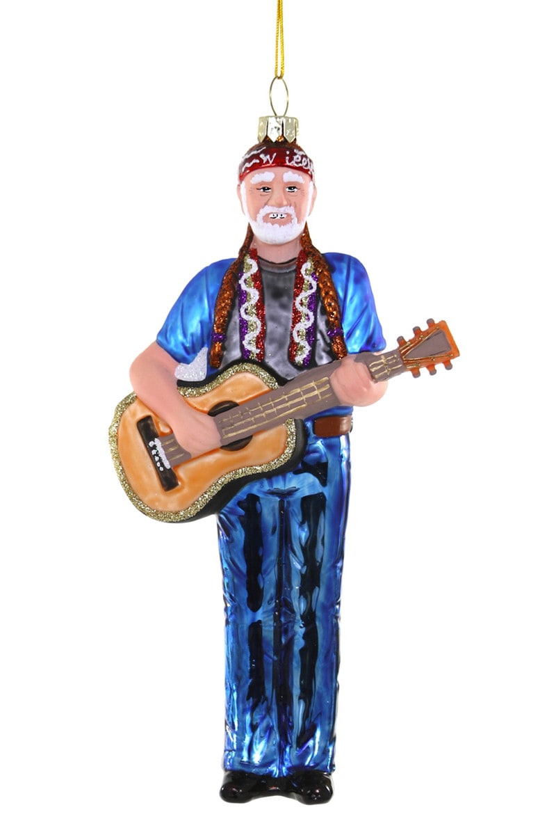 Willie Nelson standing ornament in blue suit holding a guitar, hanging loop on top