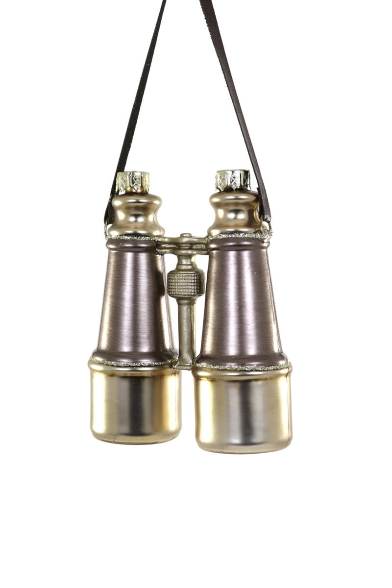 Binoculars ornament in metallic gold and silver with hanging cord