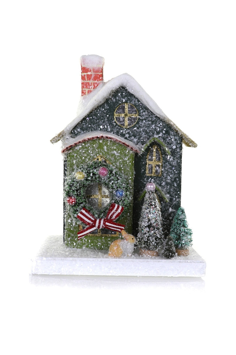 Petite green glitter house ornament with snow base and candy cane details