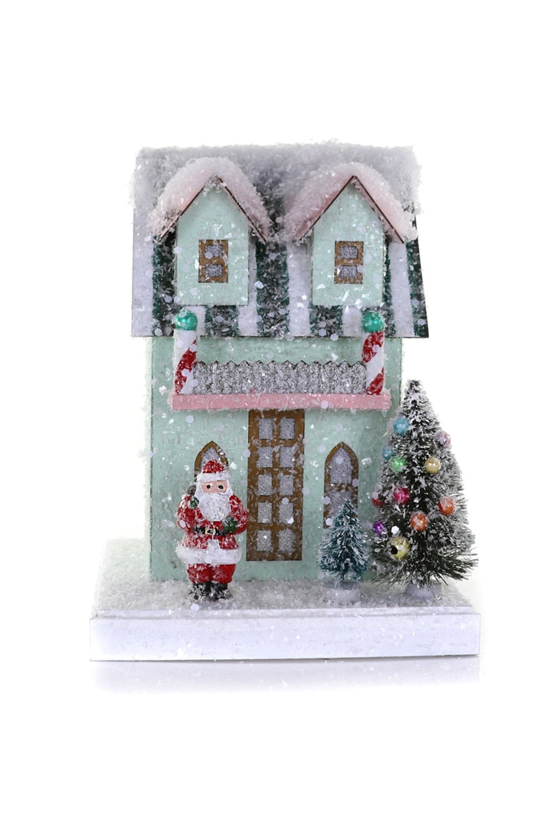 Petite mint village house decoration with snowy roof, windows, gnome and Christmas tree