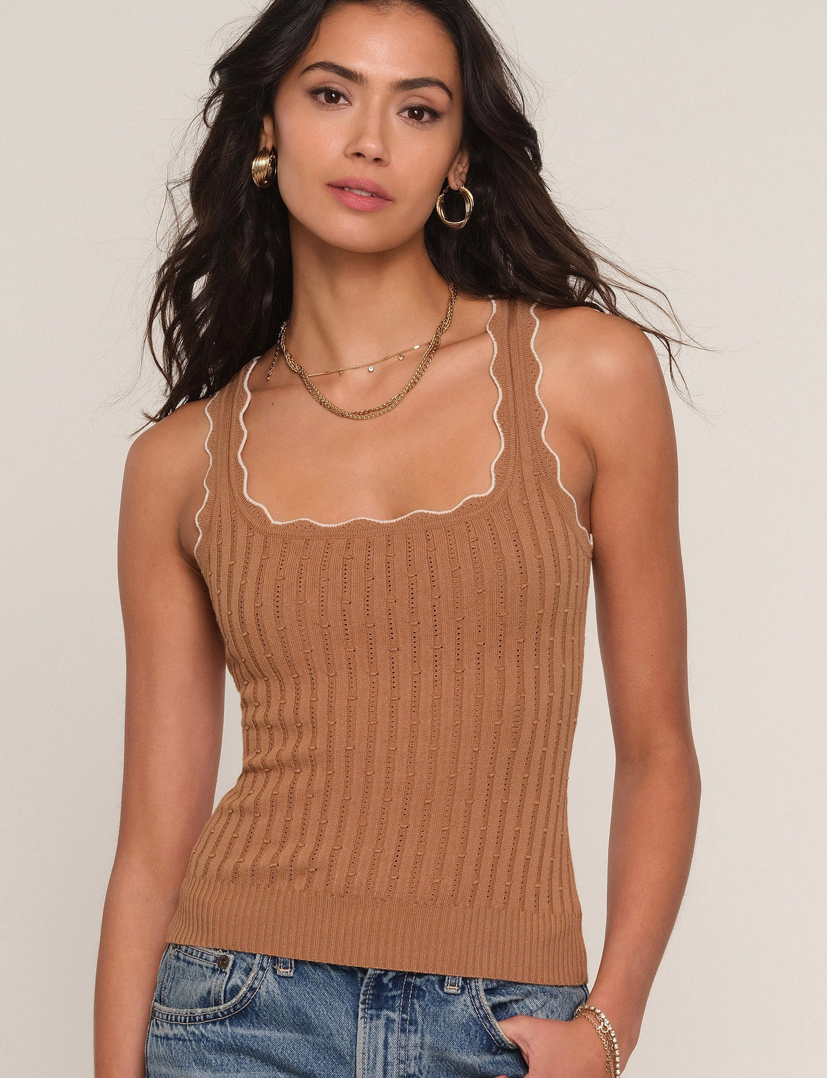 Camel ribbed knit sleeveless top with scalloped square neckline