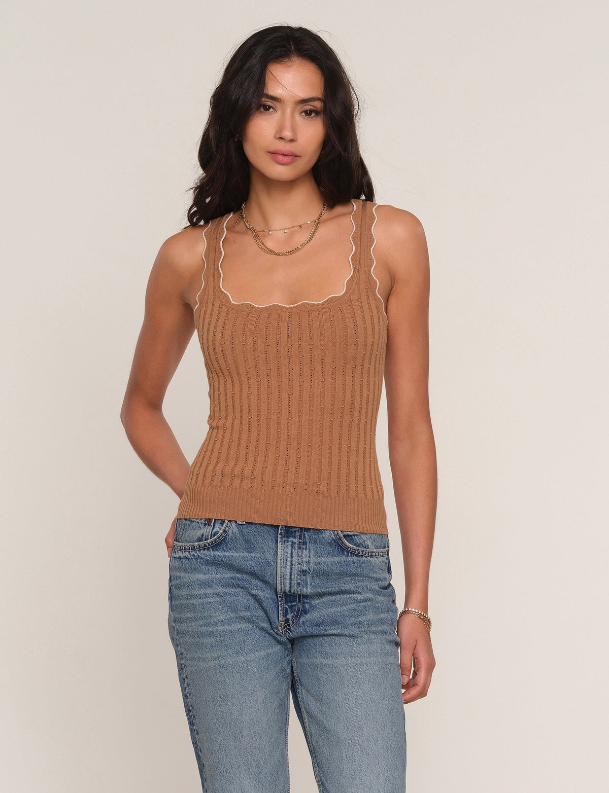 Camel ribbed knit sleeveless top with scalloped square neckline, fitted waist