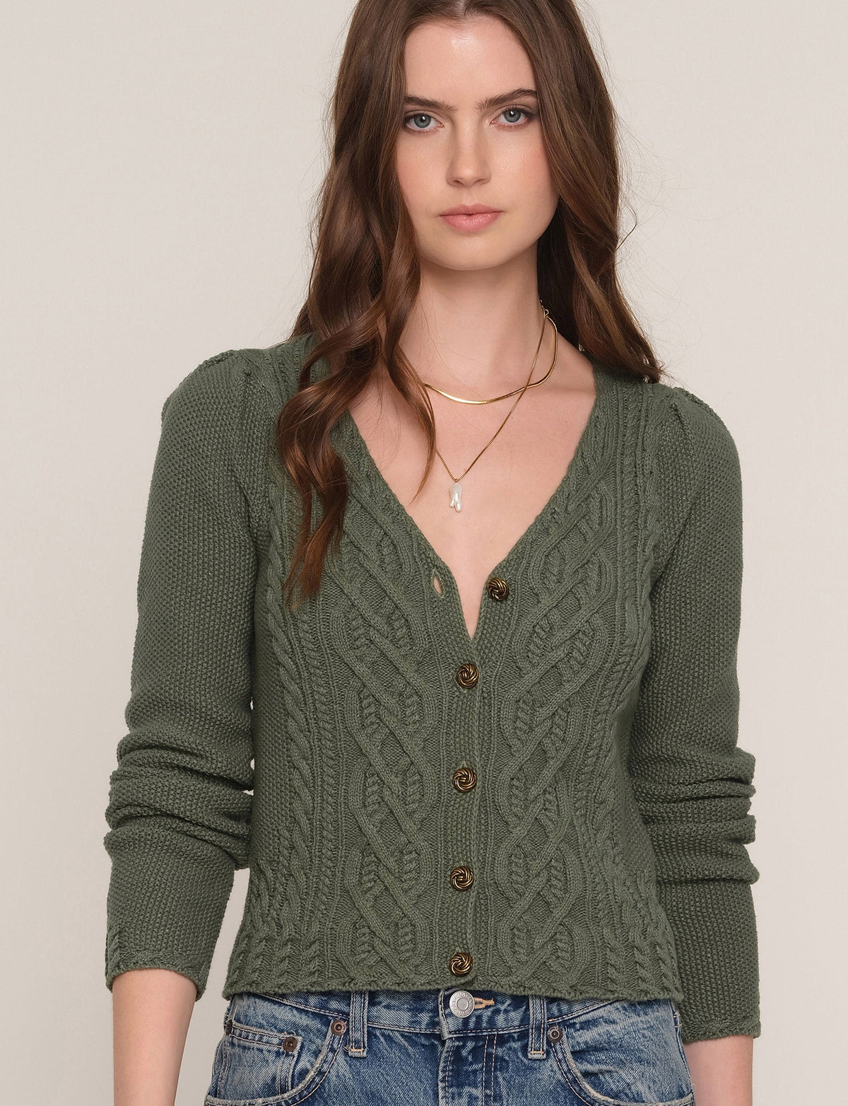 Zephyr green cable-knit V-neck button-front sweater, long sleeves