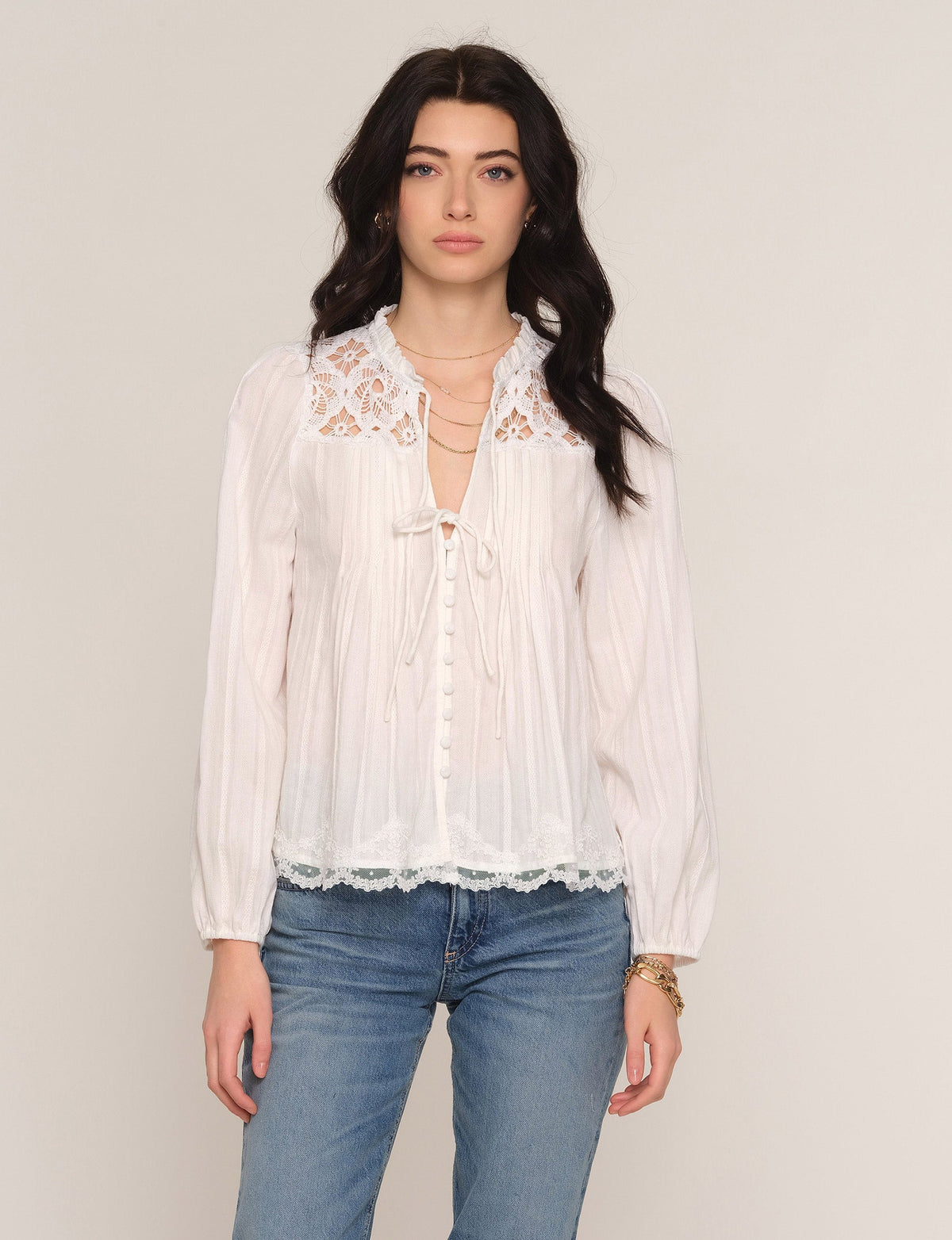 Ivory sheer blouse with lace yoke, button front, long sleeves, pintuck stripes