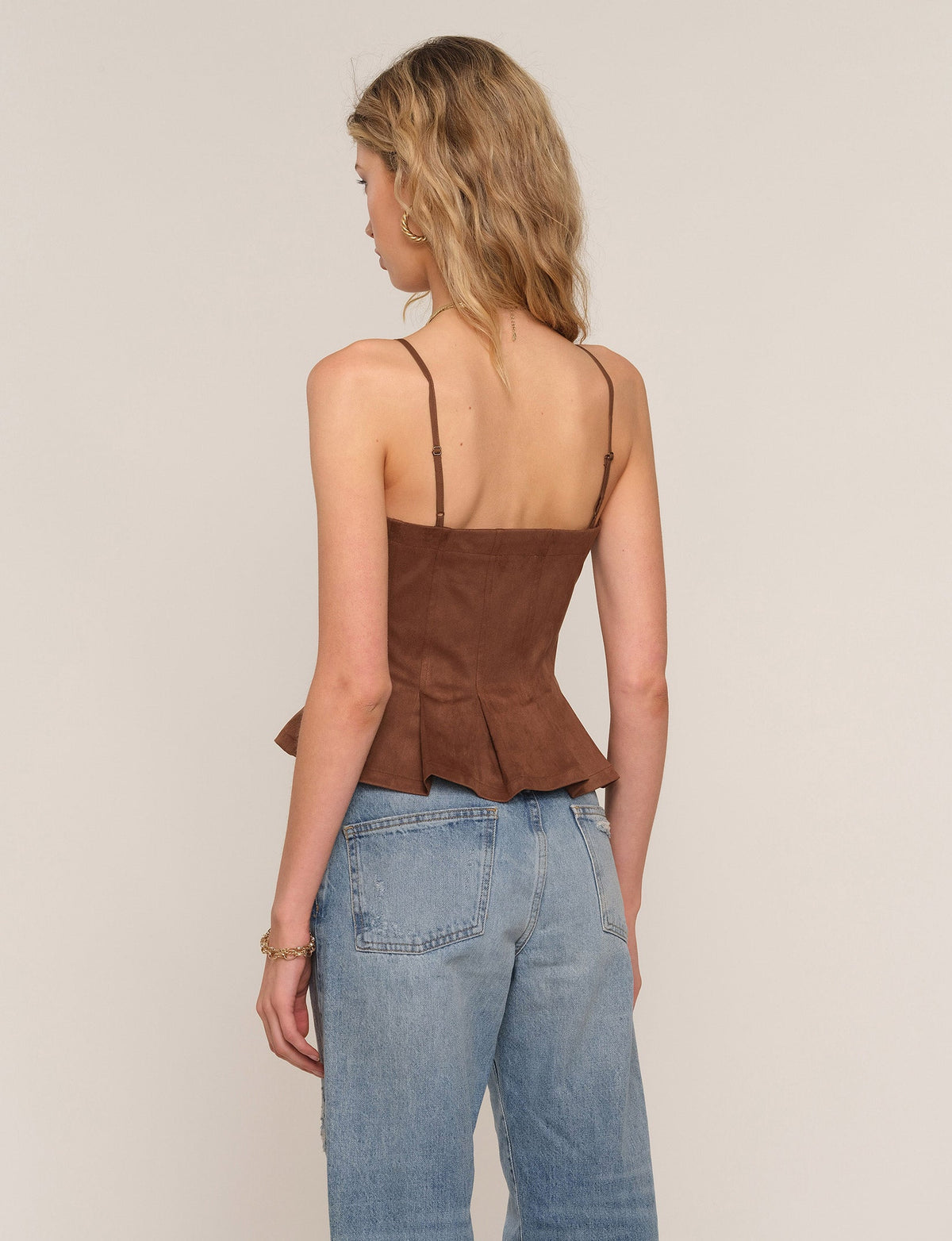 Abri cami, dark brown back with spaghetti straps and peplum hem