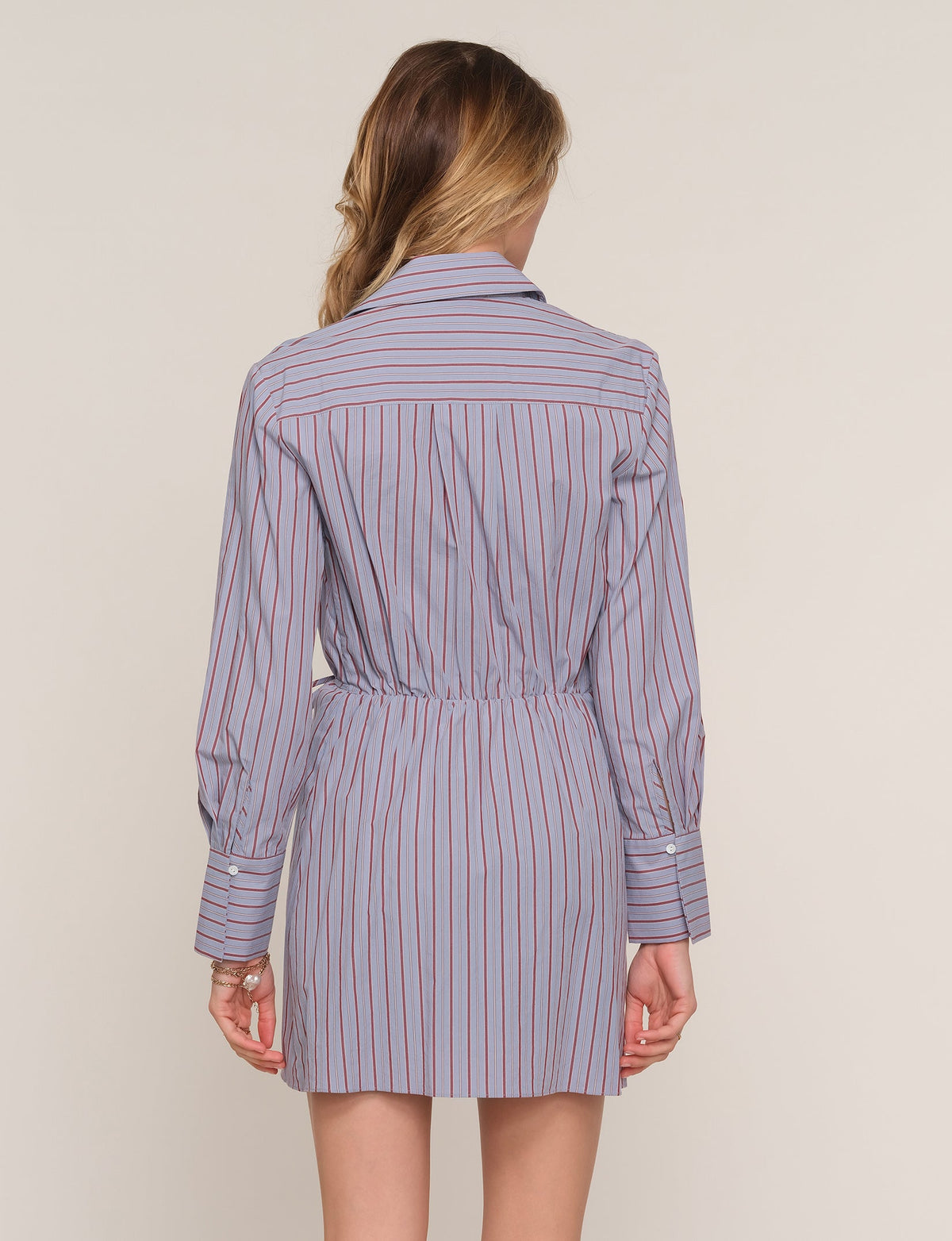 Back view of shirt dress with vertical blue-pink stripes, buttoned yoke, tied waist