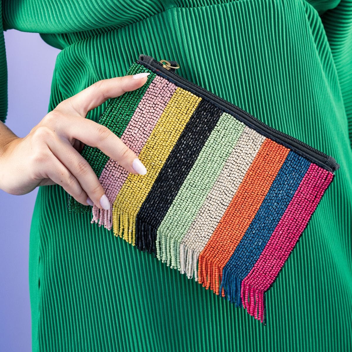 Margaret Stripe Fringe Luxe Beaded Clutch