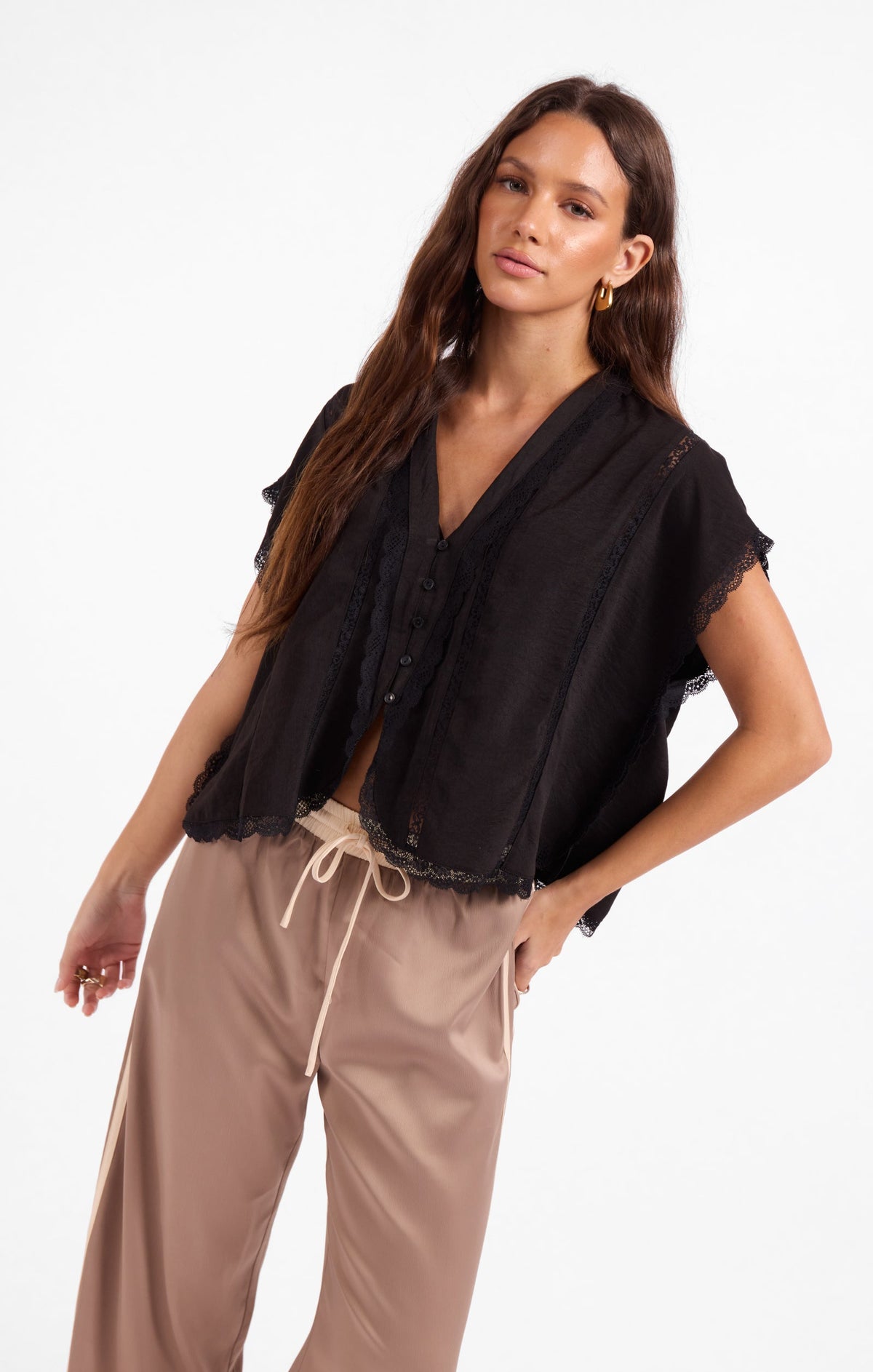 Black V-neck button-front top with lace-trimmed shoulders and scalloped edge