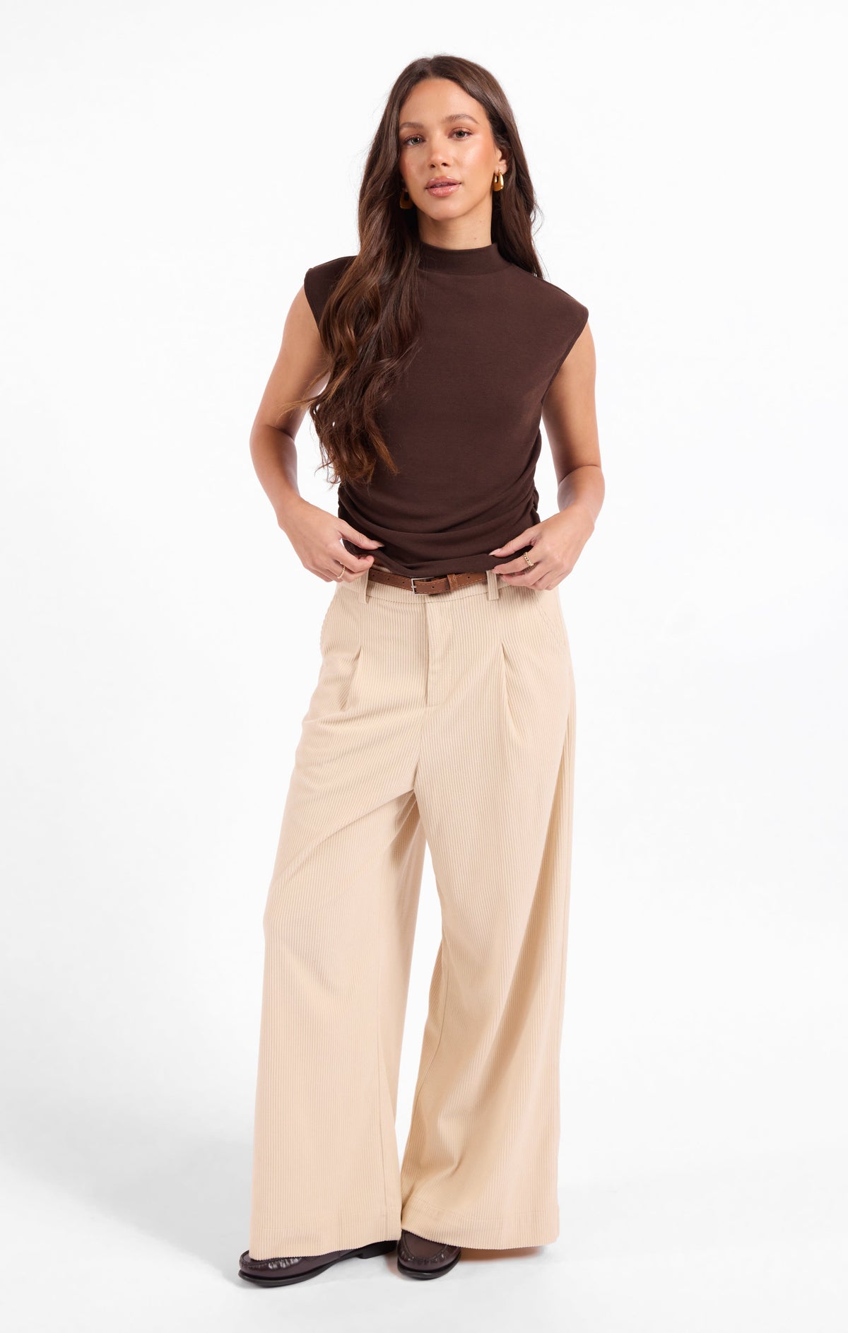 Dark brown mock neck sleeveless tank with draped waist detail