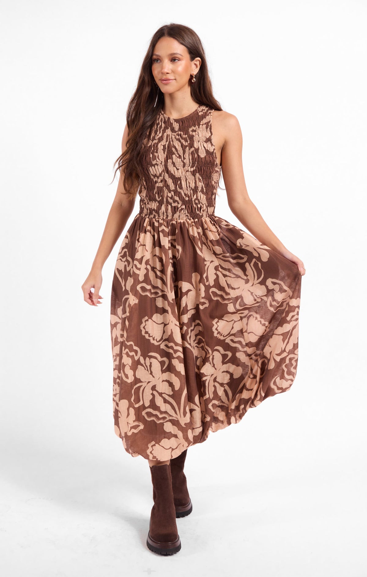 Brown patterned midi dress, sleeveless high neck, gathered skirt with smocked waist