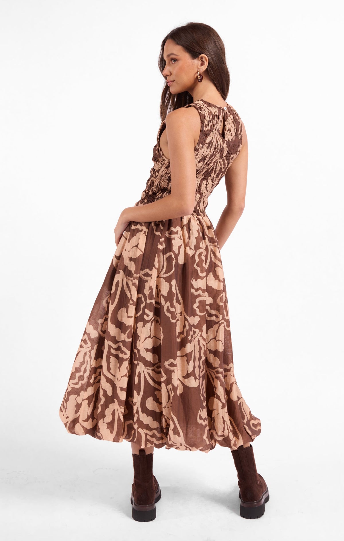 Brown patterned midi dress sleeveless high neck, smocked waist, flared gathered hem