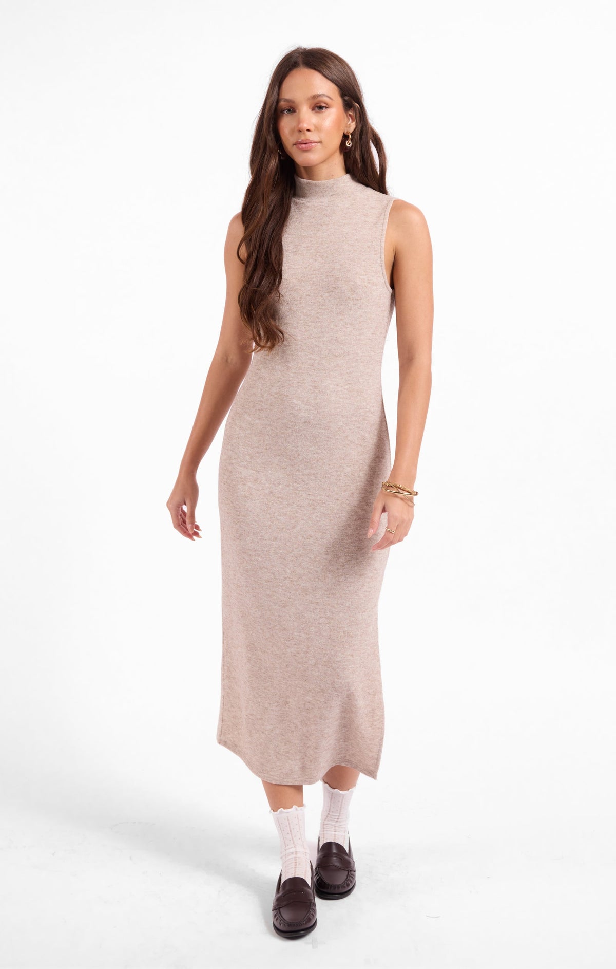 Beige sleeveless midi dress with high neckline and front slit