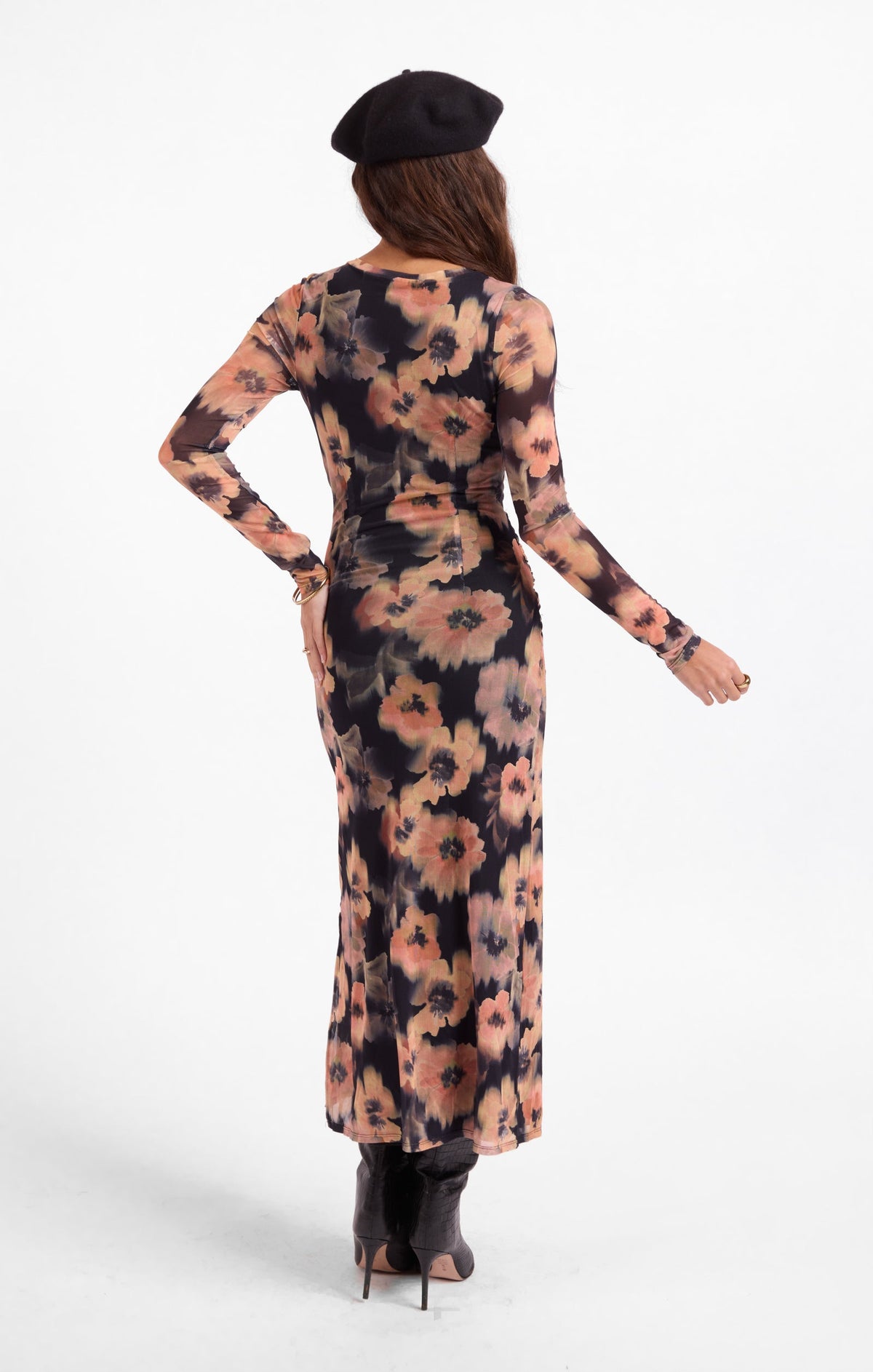 Floral maxi dress back view, long sleeves and waist tie, full length.