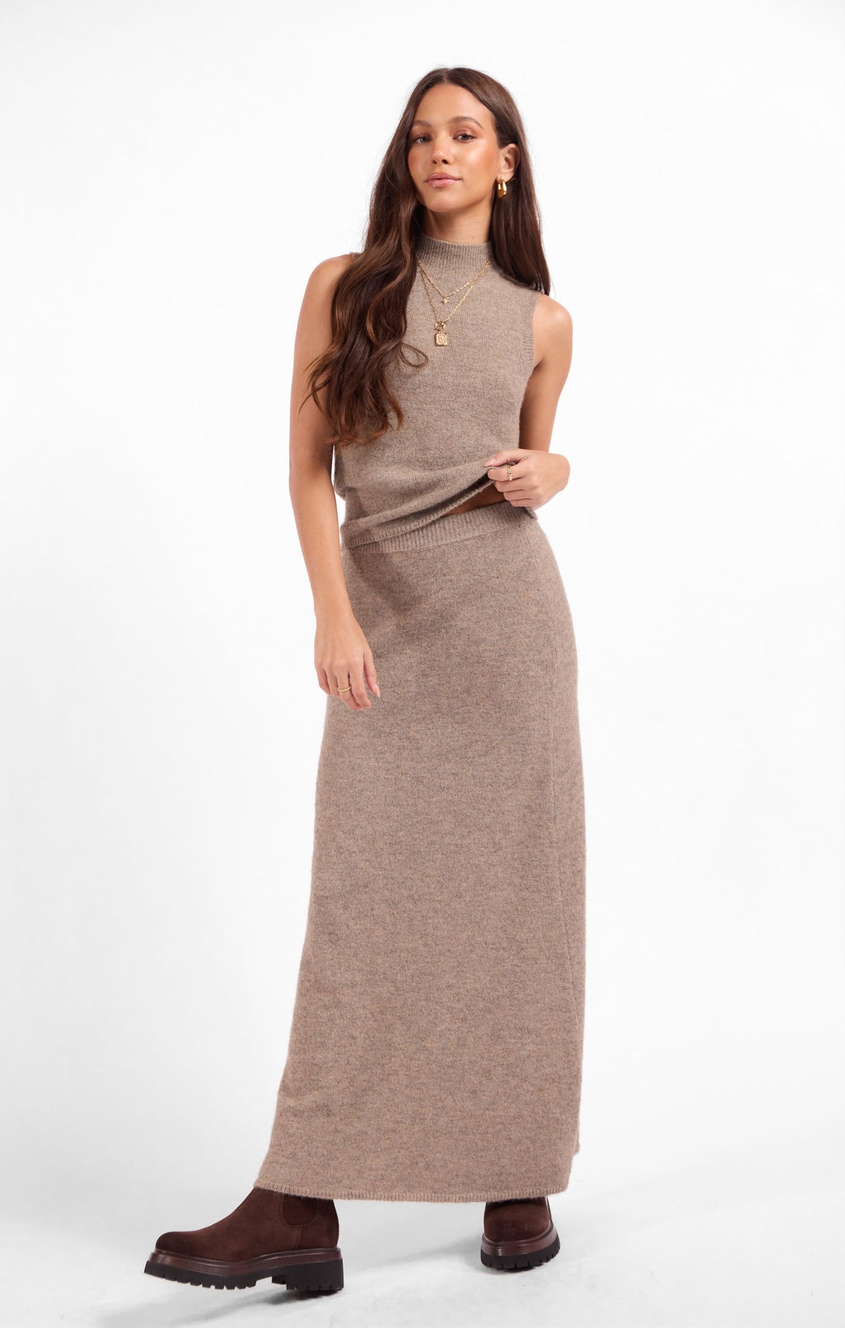 Heather taupe knit maxi skirt with straight hem and side seam