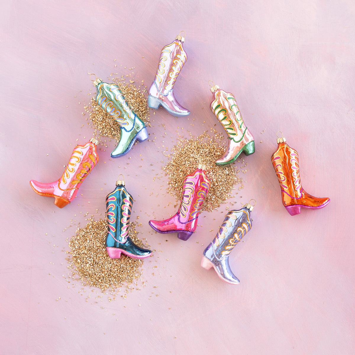 Glitter cowboy boot ornament set, multicolor enamel with gold glitter accents