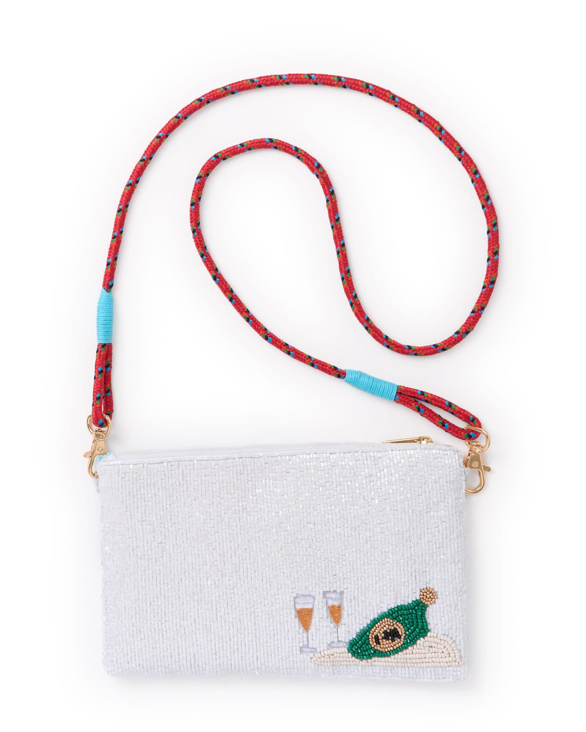 White beaded clutch with skiers and champagne glasses patch, turquoise stripe, beaded strap