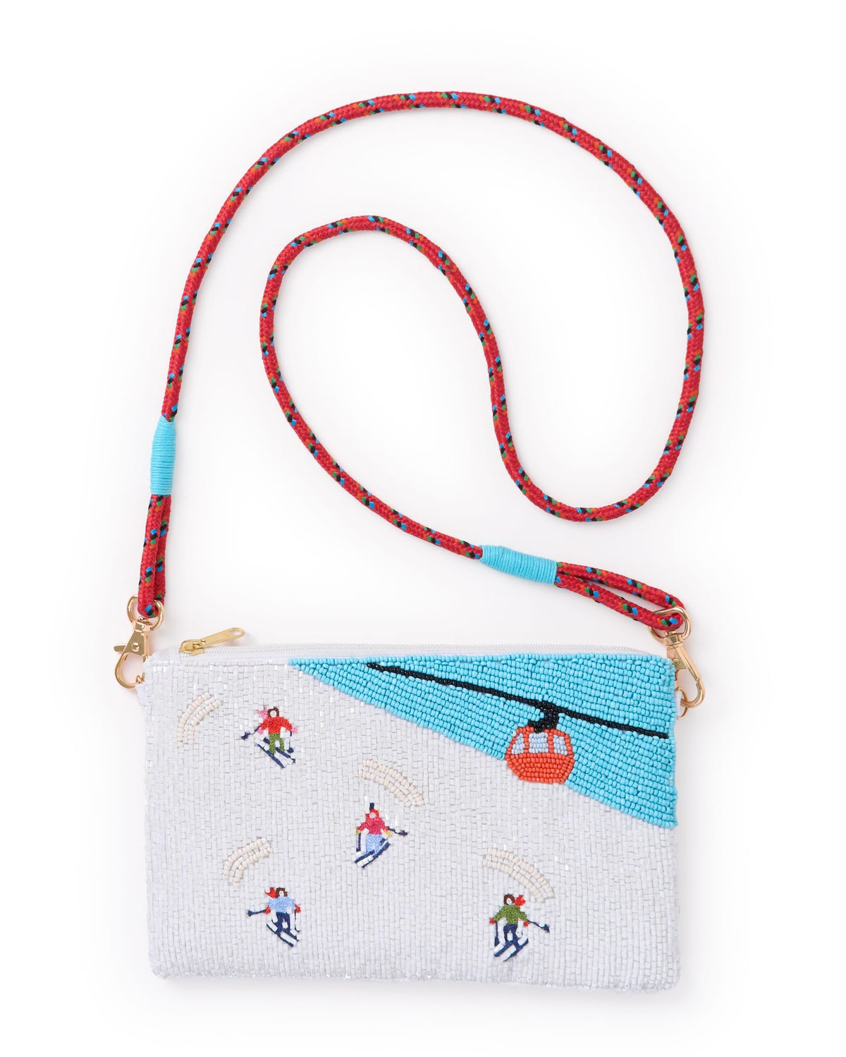 Beaded clutch bag with white fabric, ski pattern, turquoise stripe, red beaded strap