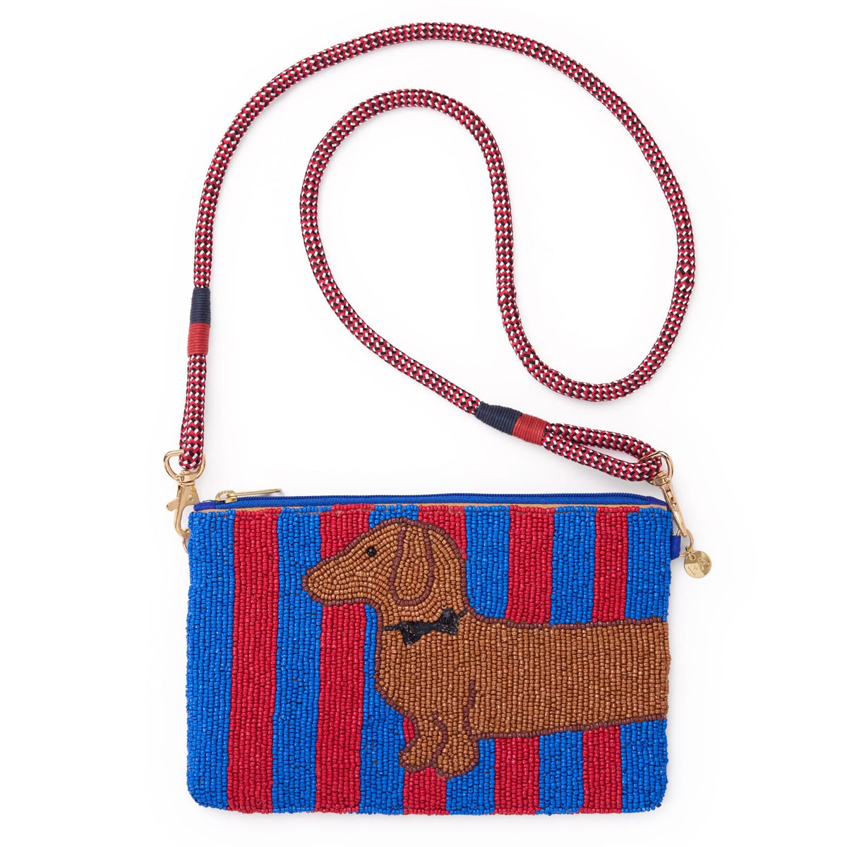 Beaded dachshund crossbody bag with blue/red striped fabric and dog applique.