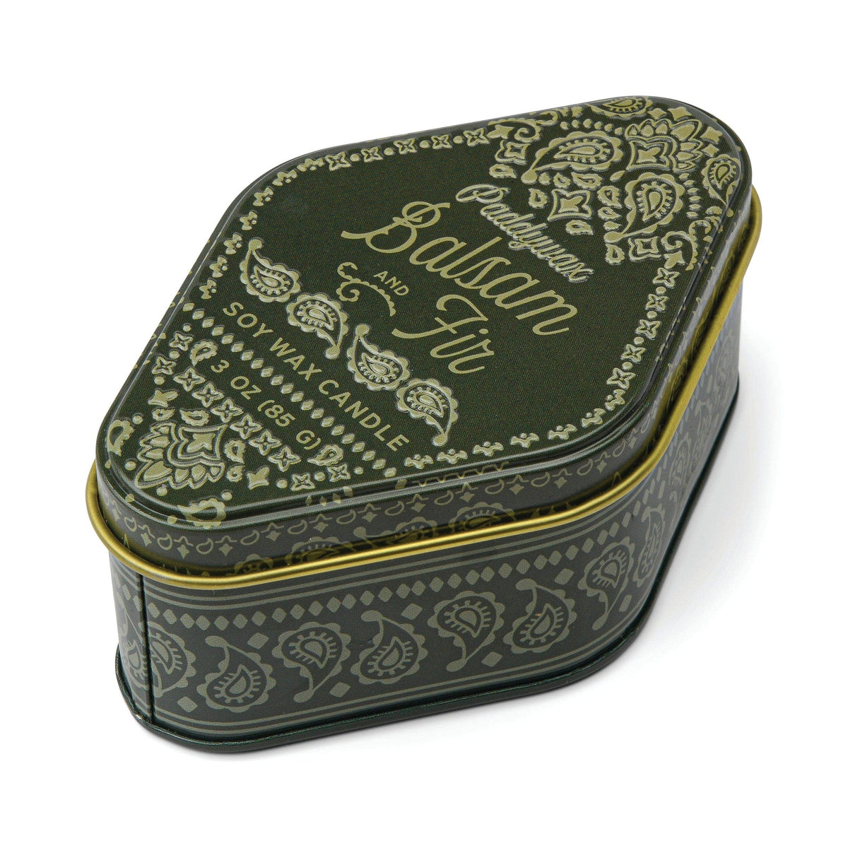 Green paisley station candle tin with hinged lid