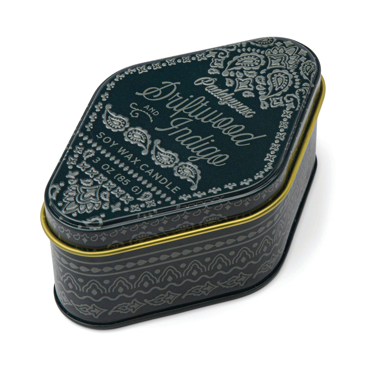Indigo station candle tin with ornate lid label