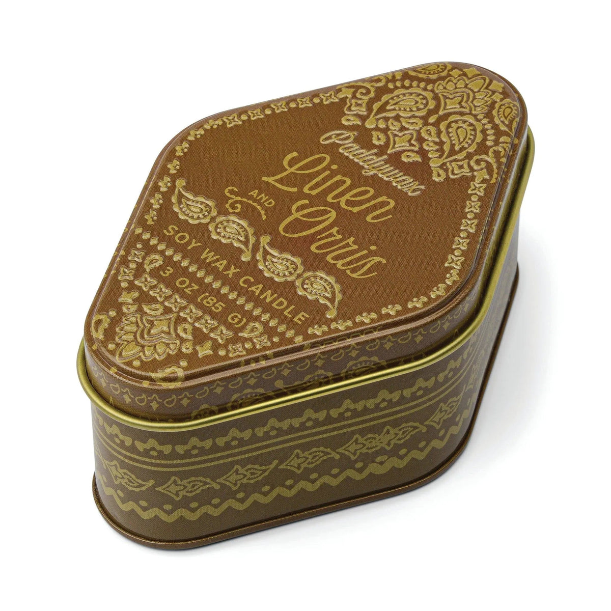 Decorative metal station candle tin, brown with gold paisley design
