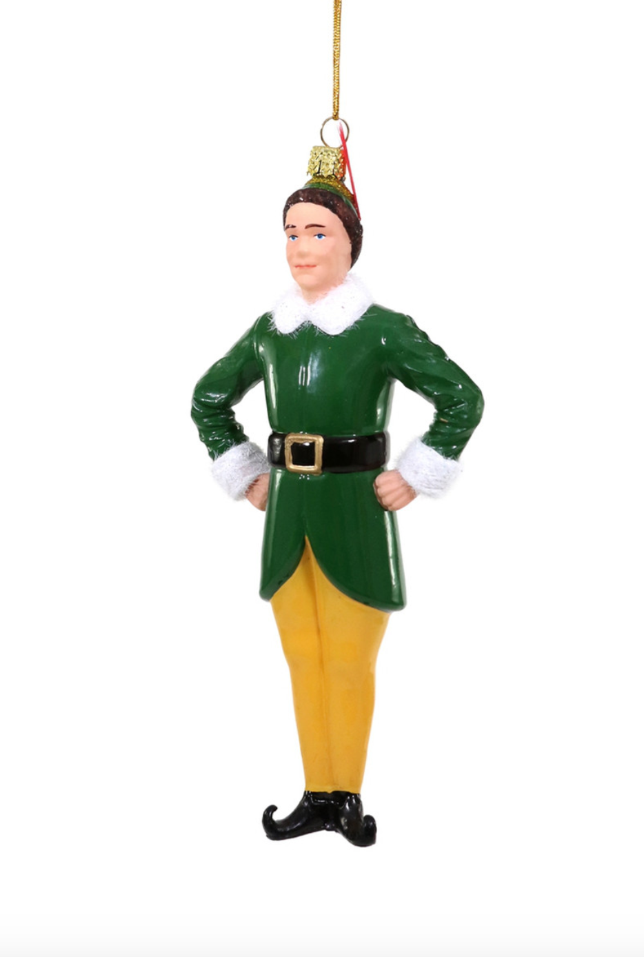 Santa's helper ornament, green tunic with white collar, yellow pants, black boots