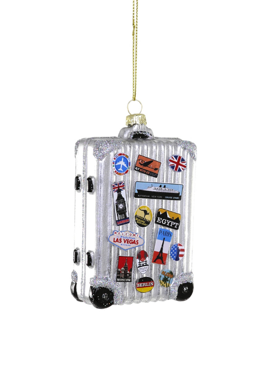 Silver glitter suitcase ornament with travel sticker decals and gold hanging string
