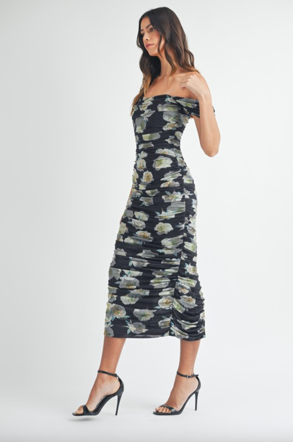 Midsummer Floral Ruched Dress - Black