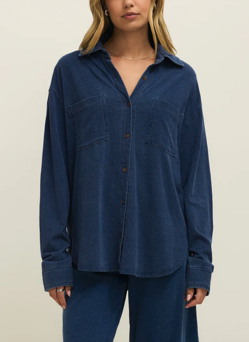 Reese Jersey Denim Button Up - Indigo