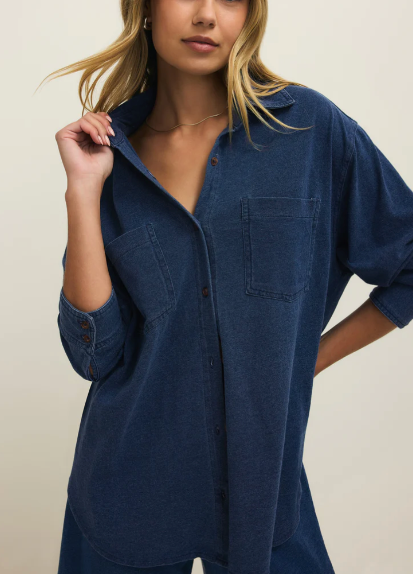 Reese Jersey Denim Button Up - Indigo