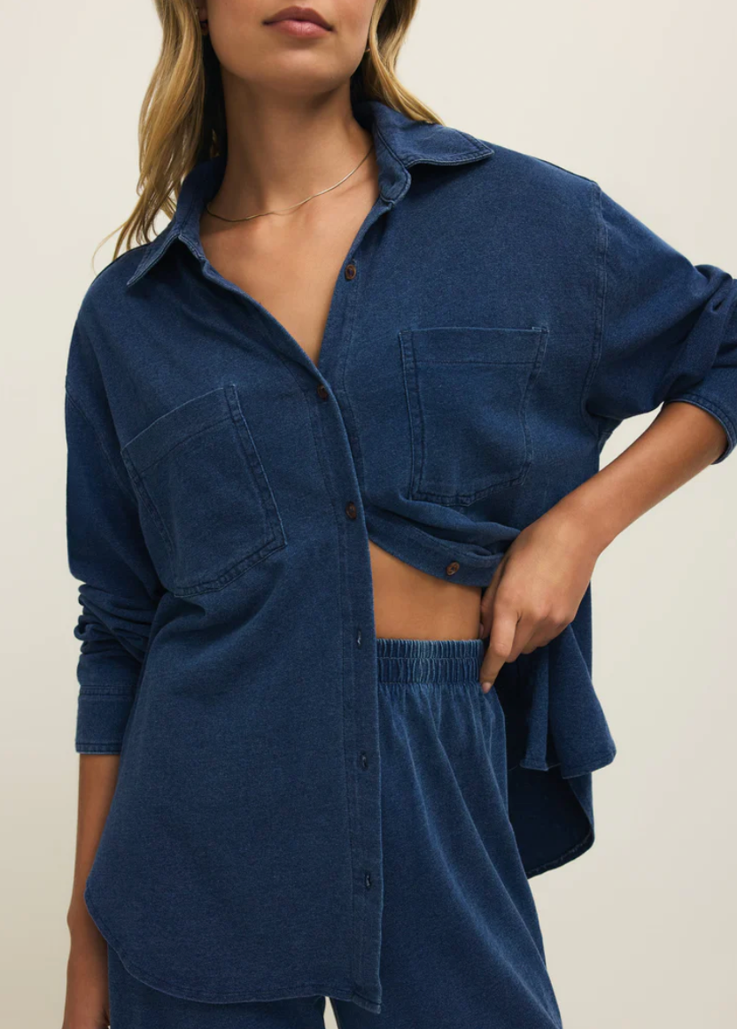 Reese Jersey Denim Button Up - Indigo