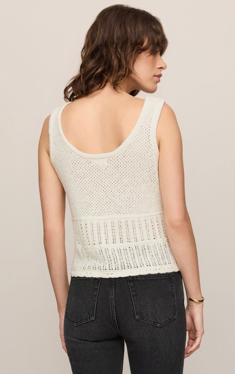 Back view of cream crochet tank top with scoop neckline and open knit pattern