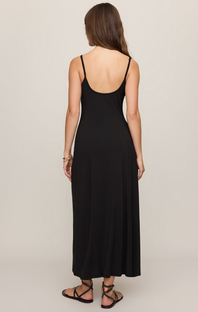 Black midi dress with thin spaghetti straps and open back, sleeveless