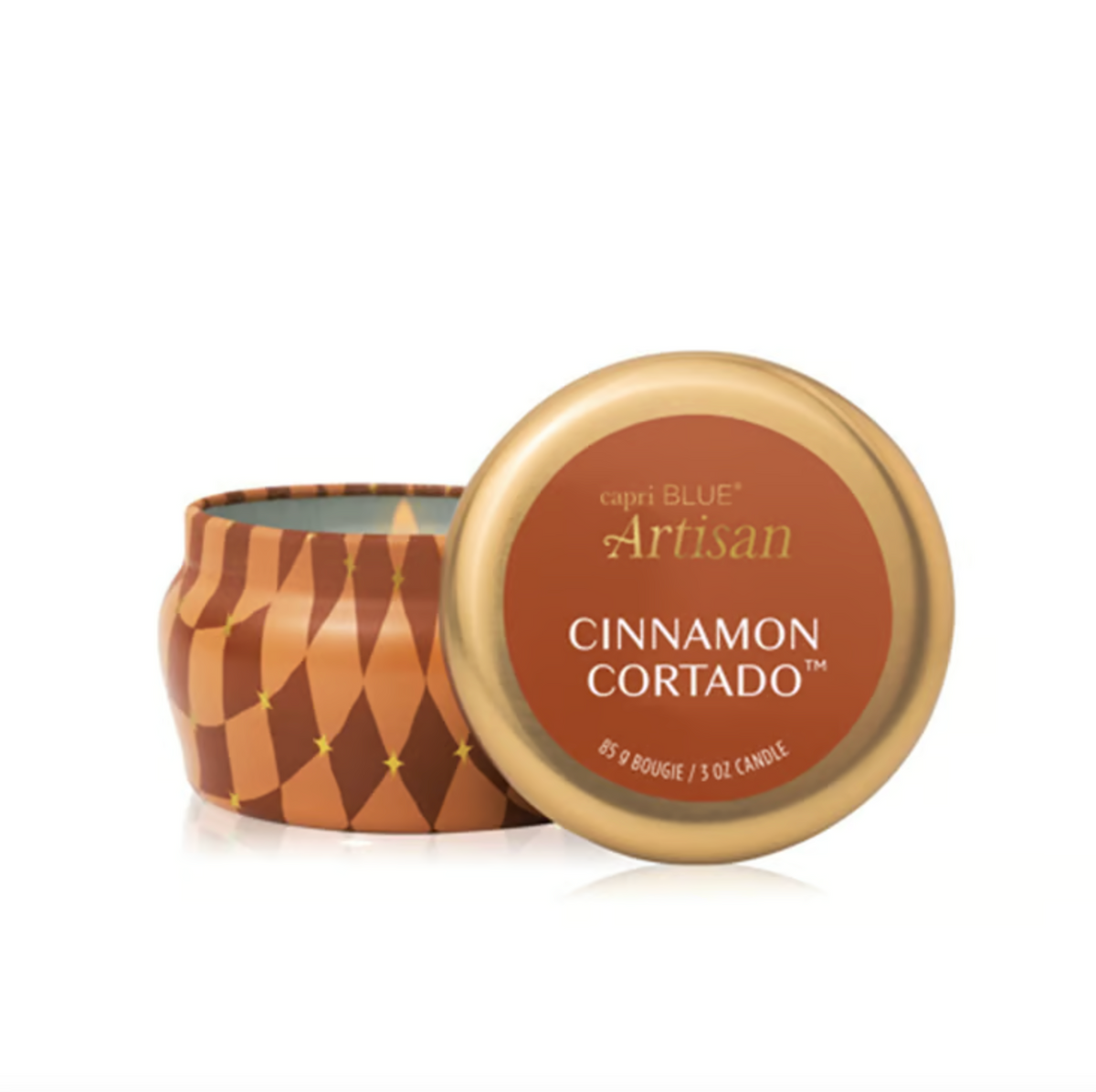 Mini tin candle with gold lid and Cinnamon Cortado Artisan label, patterned wrap